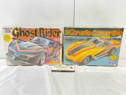 2 pcs Vintage NIP MPC 1:25 Scale Car Model Kits, Corvette Ghost Rider & Convertible. See pics.: 2 pcs Vintage NIP MPC 1:25 Scale Car Model Kits, Corvette Road Racer Ghost Rider &amp; '75 Corvette Convertible. Factory sealed, excellent condition. Measures 9" x 6" x 4" DM-4050