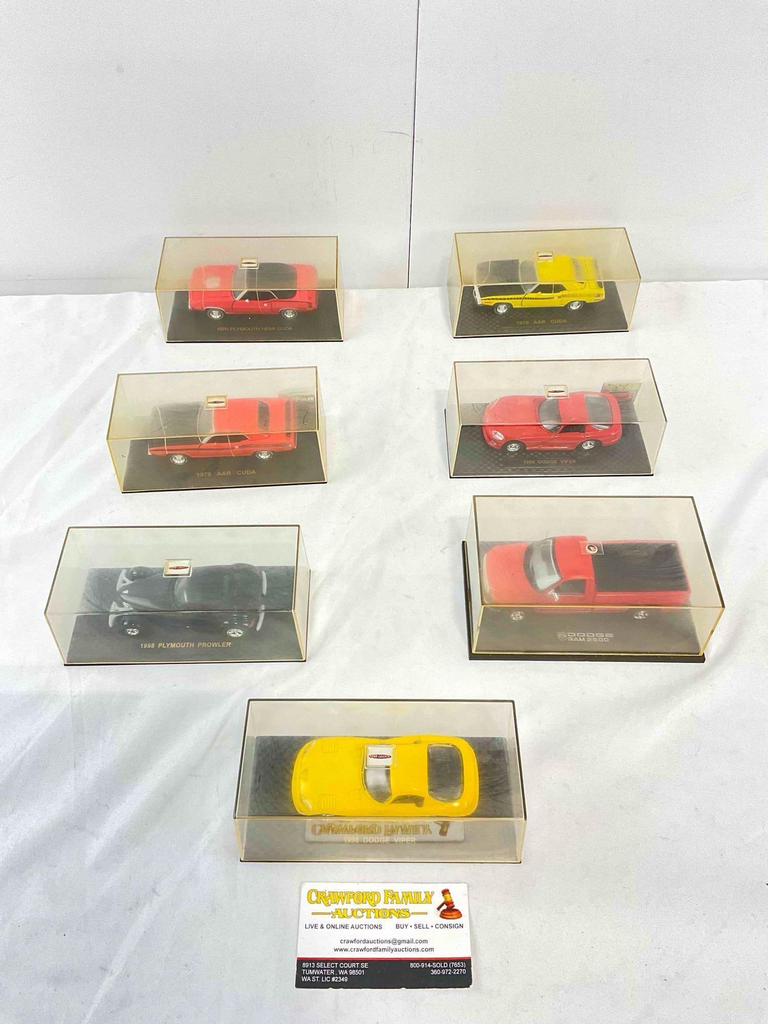 7 pcs 1:43 Scale Die Cast Model Cars in Acrylic Cases, Dodge Vipers, Plymouth Prowler & More! (1 of 11)