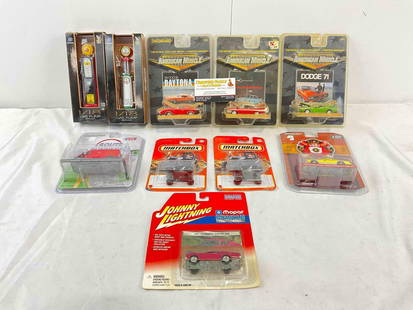 10 pcs NIP Die Cast Model Car Collectibles, 8x 1:64 Scale Cars & 2x 1:18 Scale Gas Pumps.: 10 pcs NIP Die Cast Model Car Collectibles, 8x 1:64 Scale Cars &amp; 2x 1:18 Scale Gas Pumps. Matchbox, Johnny Lightning, ERTL Collectibles, Road Signature Collection &amp; Greenlight! All factory sea