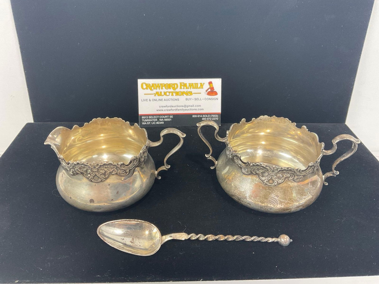 Antique Sterling Silver Creamer & Sugar Bowl w/Spoon & Handles, 136.7 grams, #5485, Marked 3/4 & ... (1 of 6)