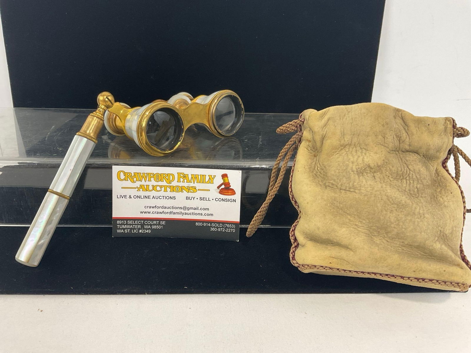 Vendome Paris French Mother of Pearl Brass Opera Glasses w/ Handle & Leather Carrying Bag: Appears to be in good shape, missing some finish on the lens side. Measures approx 5.5h x 4.5w x 2.5d inches. See pics. E-4460