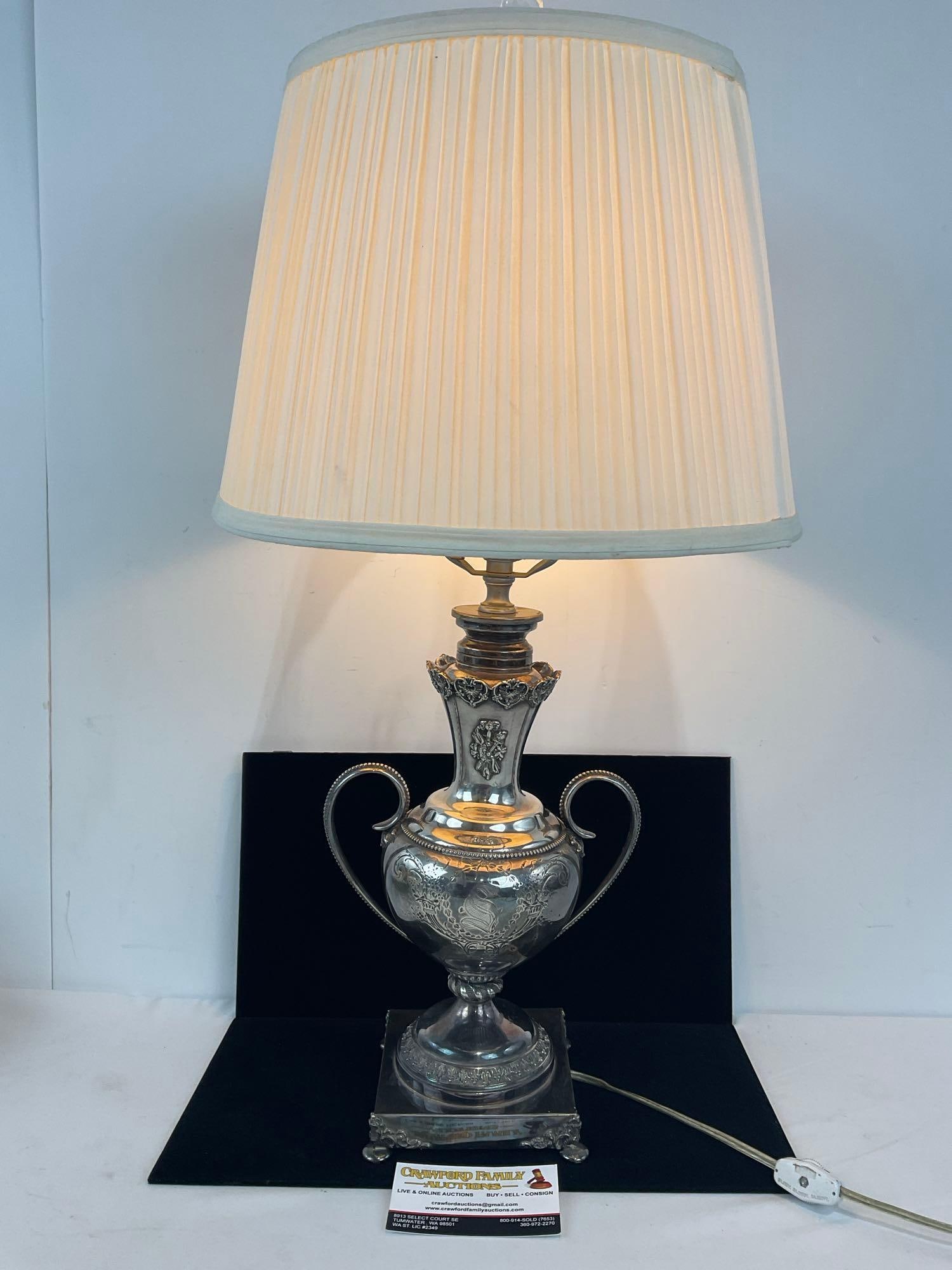 Custom Made Silver Plate Lamp, tested & working, Cream Shade, 25 inches tall (1 of 5)