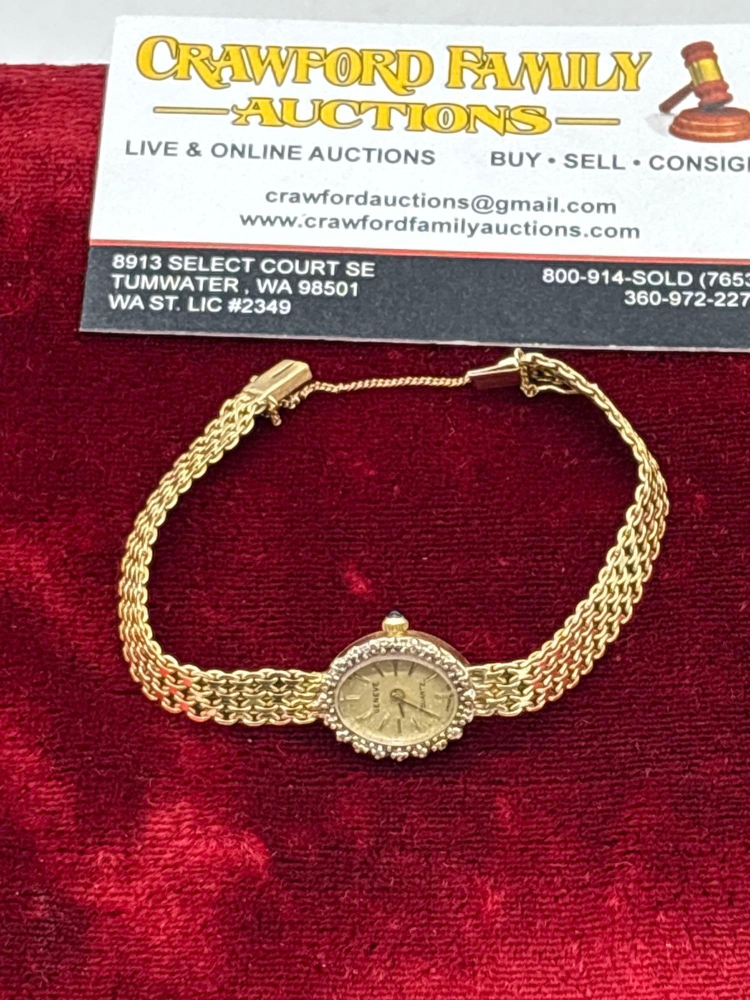 Stunning Vintage Geneve women's watch Featuring 14K Gold case & band & surrounded by diamonds: C-4230 Quartz Swiss Movement & Sapphire stem, Sold as is 13.74 total Grams 