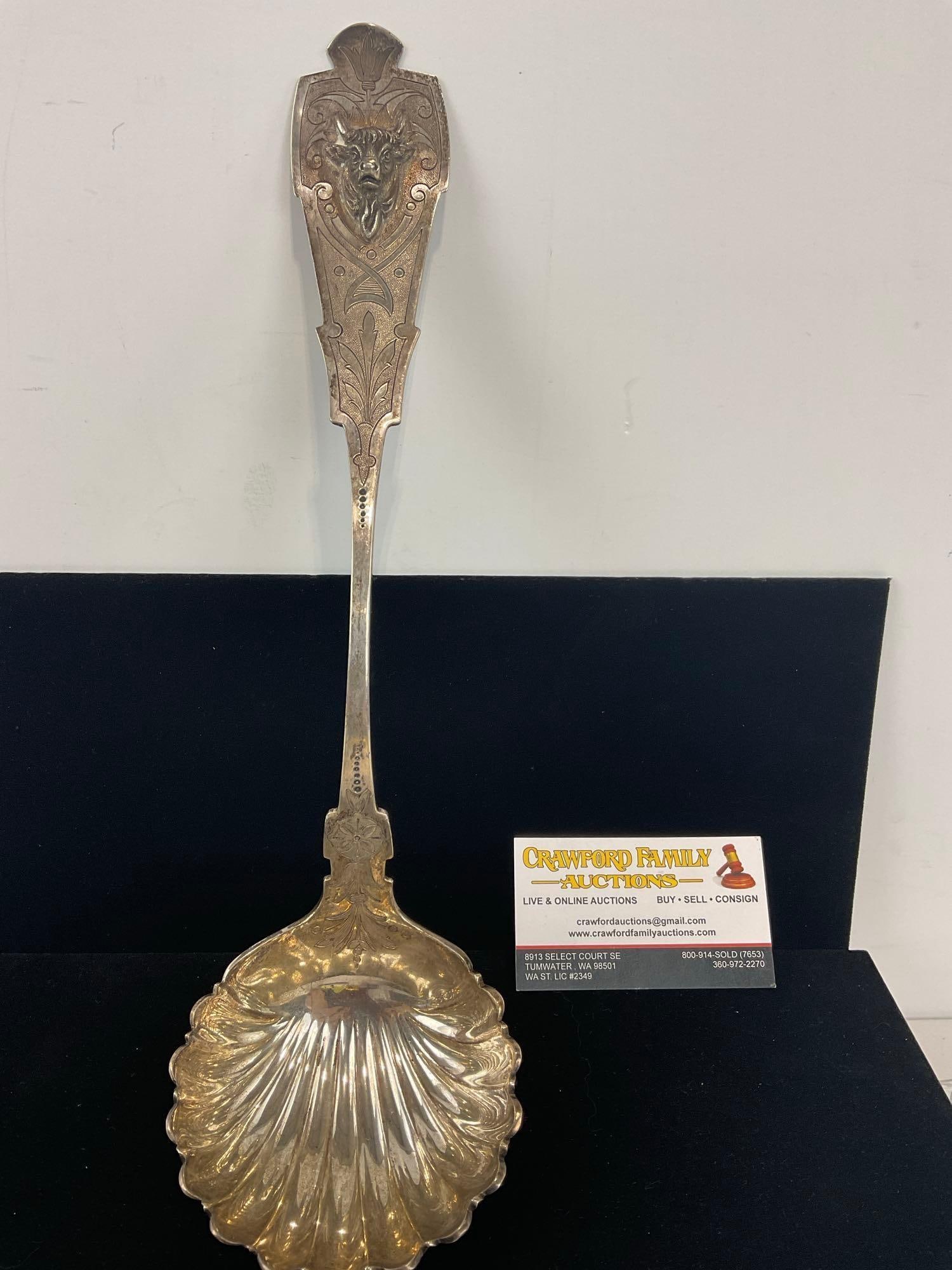Antique Gorgeous .800 Silver (80% Silver) Serving Spoon, 190.9 grams, w/ Bull Head relief (1 of 7)