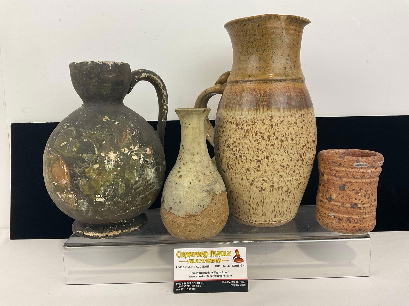 4 Stoneware Pottery pieces, 2 Pitchers, Amphora Bottle & Cup, Rustic Finish on each, tallest is 1...: Appears to be in good shape. The pieces fit in a box that measures approx 12h x 16w x 11d inches. See pics. E-3980