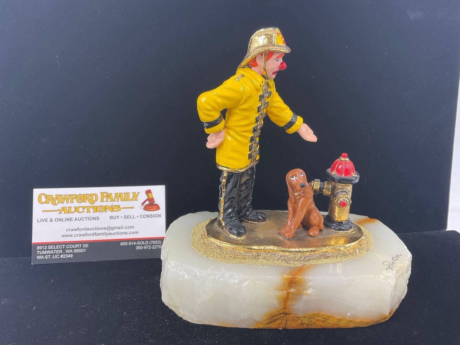 1994 Signed Ron Lee Clown Statue, Green Onyx Base, The Fireman L444 (1 of 4)