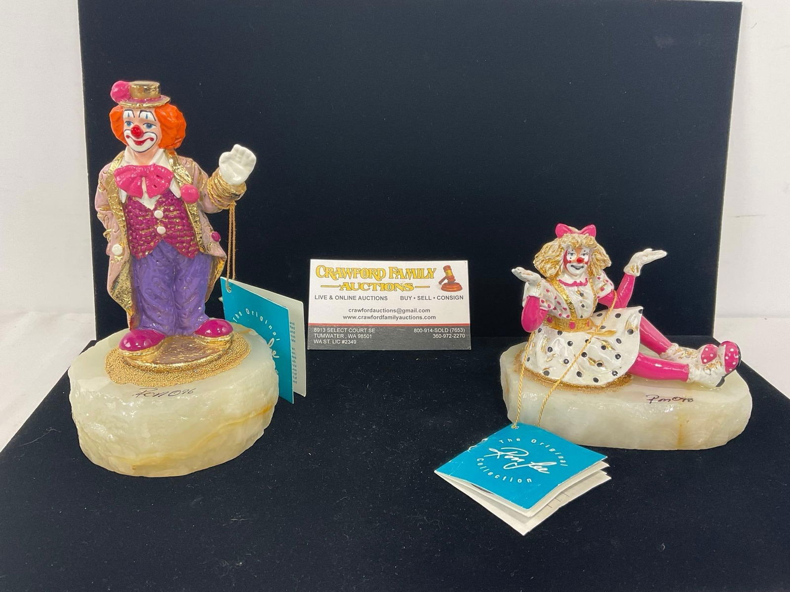 1996 & 1998 Signed Ron Lee Clown Statue, Green Onyx Base CCG10 Hey There & Adorable Lara CCG12 (1 of 5)