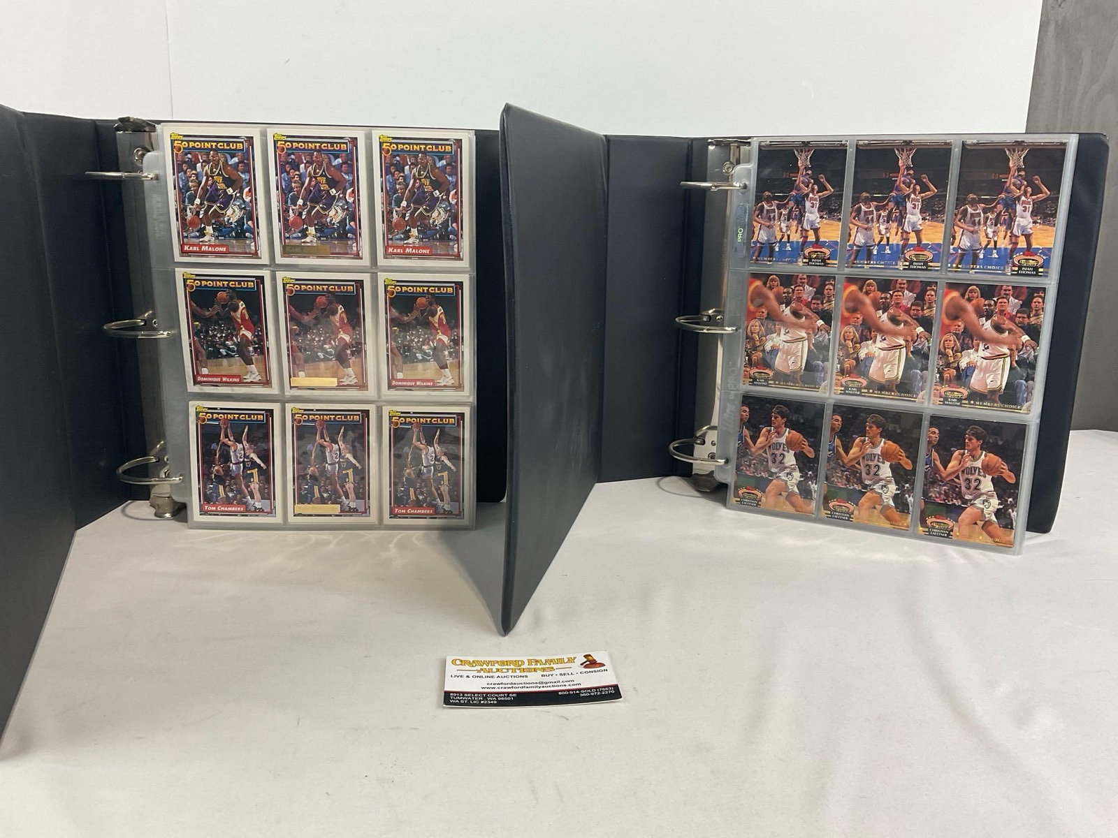 Pair of Topps Basketball Card Albums, Topps Stadium Club, lots of dupes: Most pages have three cards dupes of three players. Nice variety of players, and teams. The pieces measure approx 5h x 12w x 13d inches. See pics. E-4410