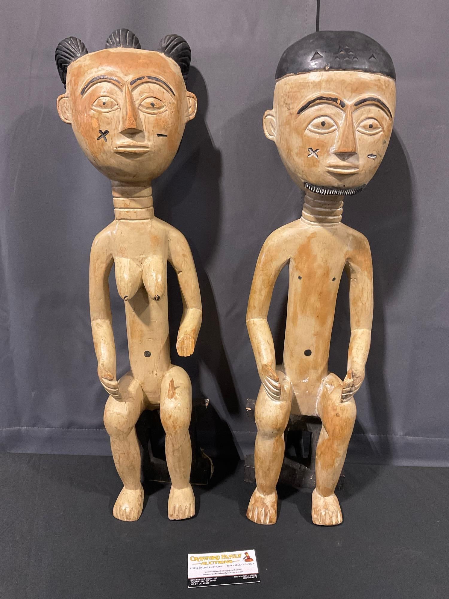 Pair of Handcarved African Ghanaian Ewe Venavi Figures, Twins, Man & Woman, 25h x 9w x 9d inches (1 of 7)