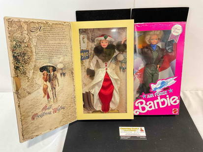 2 pcs Vintage Barbie Dolls in Original Packaging, Holiday Memories & Air Force Stars 'n Stripes.: 2 pcs Vintage Barbie Dolls in Original Packaging, 1995 Holiday Memories &amp; 1990 Air Force Stars 'n Stripes. Minor shelf wear, condition is otherwise very good. Larger measures 10" x 4" x 14" DM-435
