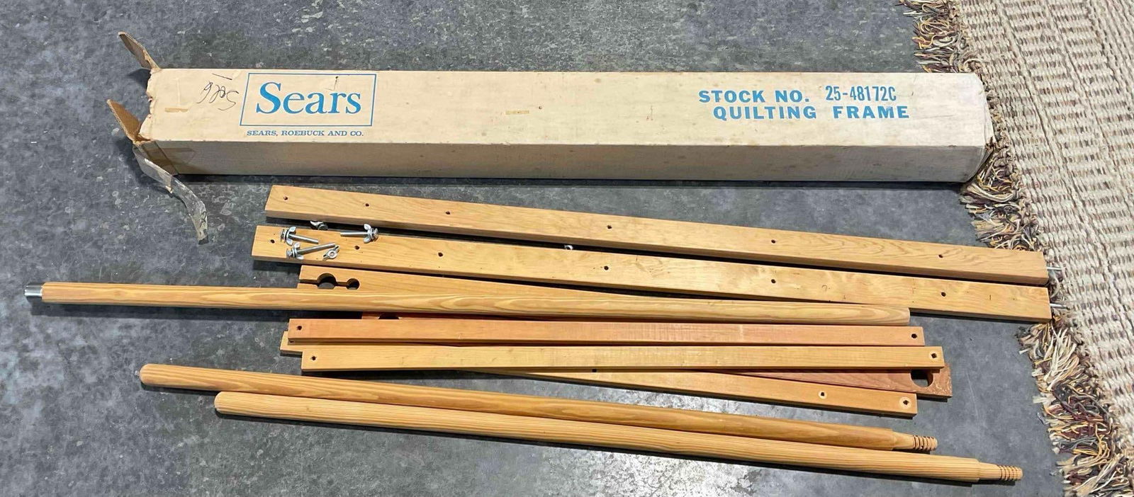 Vintage Sears Unassembled Wooden Quilting Frame Model 25-48172C. See pics.: Vintage Sears Unassembled Wooden Quilting Frame Model 25-48172C. Box is tired, condition is otherwise good. Measures 48" x 5" x 5" DM-2656