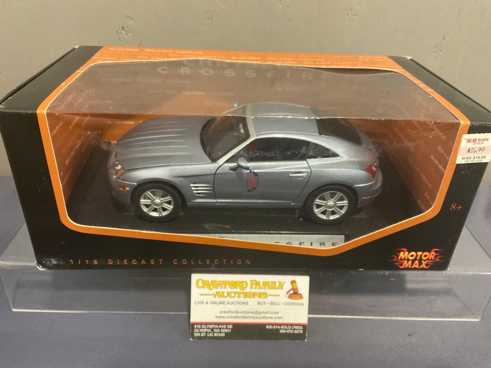 Motor Max Diecast Car in original box, Chrysler Crossfire, 1:18 Scale: All from the same consignors collection, some may have some dust from storage. Appears to be in fair to good shape. The box measures approx 5.5h x 12.5w x 6d inches. See pics. E-4050
