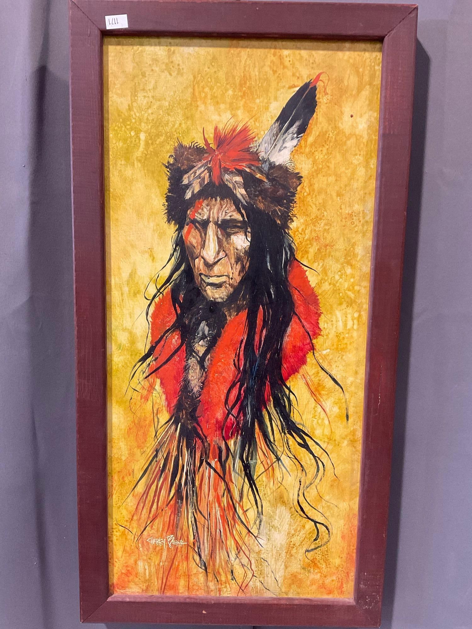 Framed Oil on Board of Native American Chief by Charley Bear, 25h x 13w inches, Bright colors (1 of 5)