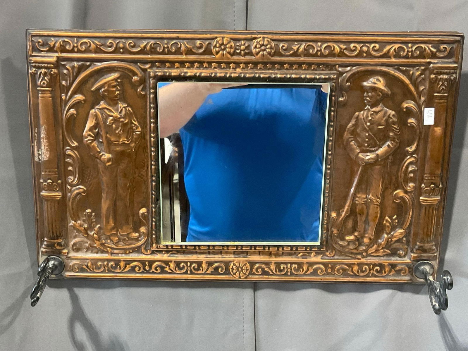 Antique Spanish American War Copper Relief Hat Rack w/ Mirror 13h x 21w inches (1 of 4)