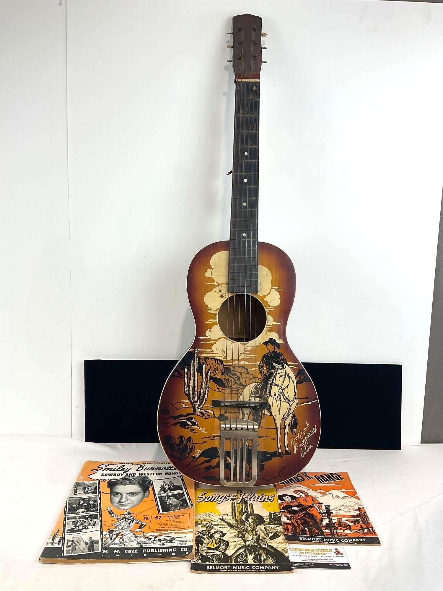 Vintage 1940s Buck Jones & Silver Cowboy Acoustic Guitar, w/ vtg songbooks, approx 36 inches long (1 of 10)