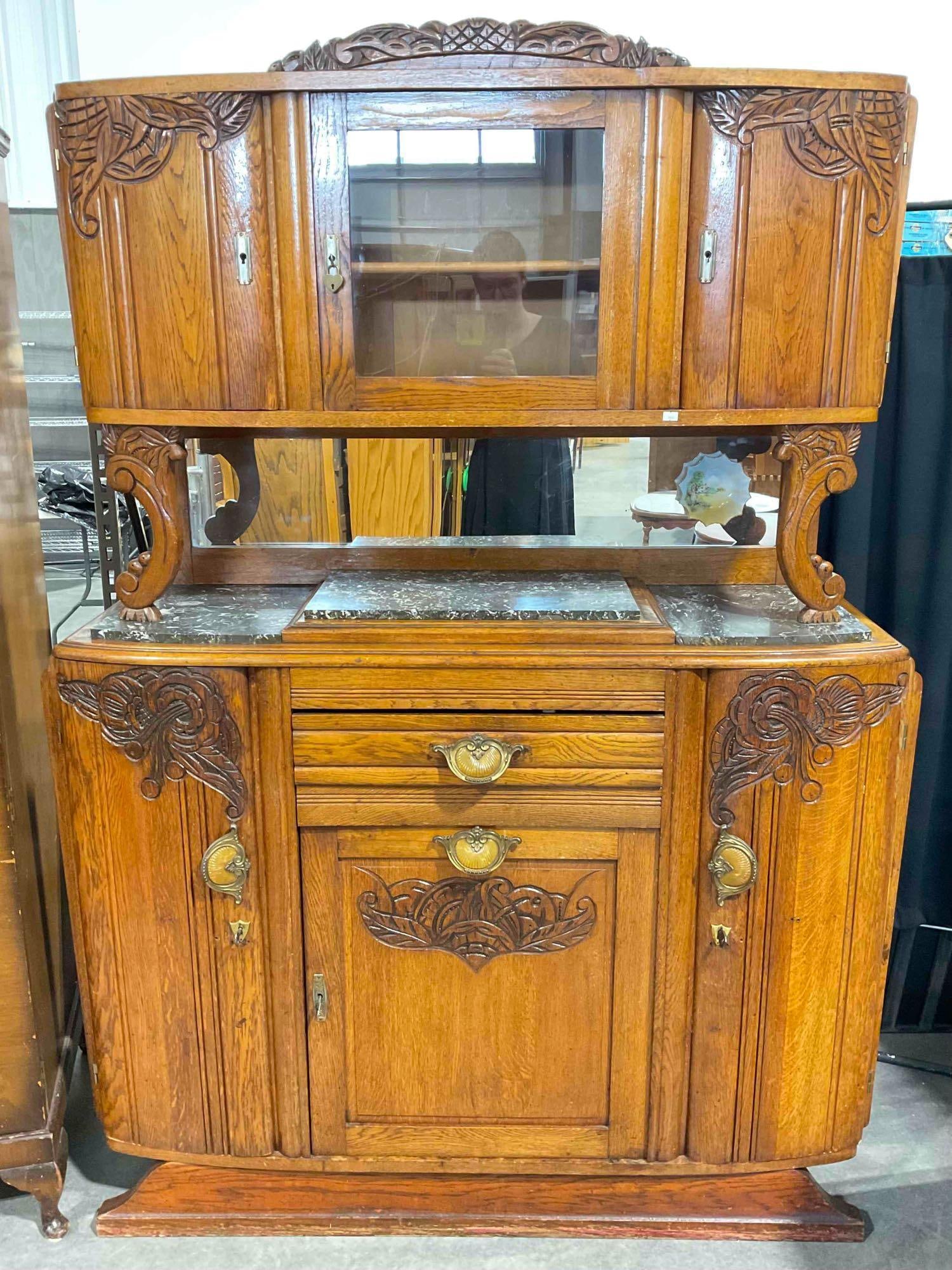 Antique Art Nouveau French Oak Buffet w/ Hand Carved Details & Bakelite Pulls. Excellent Cond. (1 of 13)