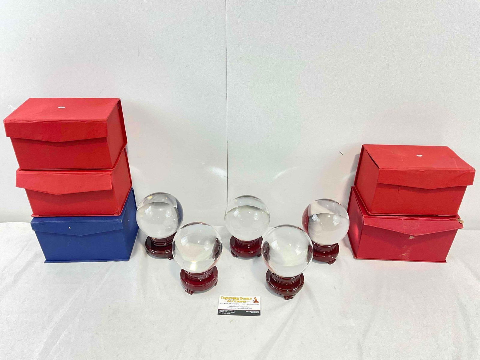 5 pcs Glass Crystal Balls w/ Wooden Stands. Measures 4" x 4" x 4" Excellent Condition. (1 of 8)