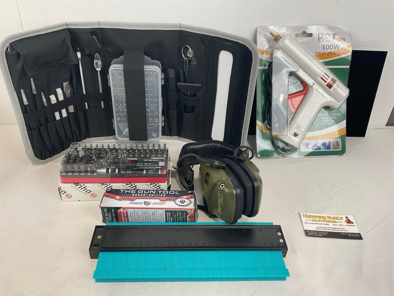Drill Bit Set, Repair Kit, Ruger Tool, Impact Active Ear Pro, Angle Tool & BST Glue Gun NIB: Appears to be in good shape. The pieces fit in a box that measures approx 7h x 9w x 12d inches. See pics. E-4360