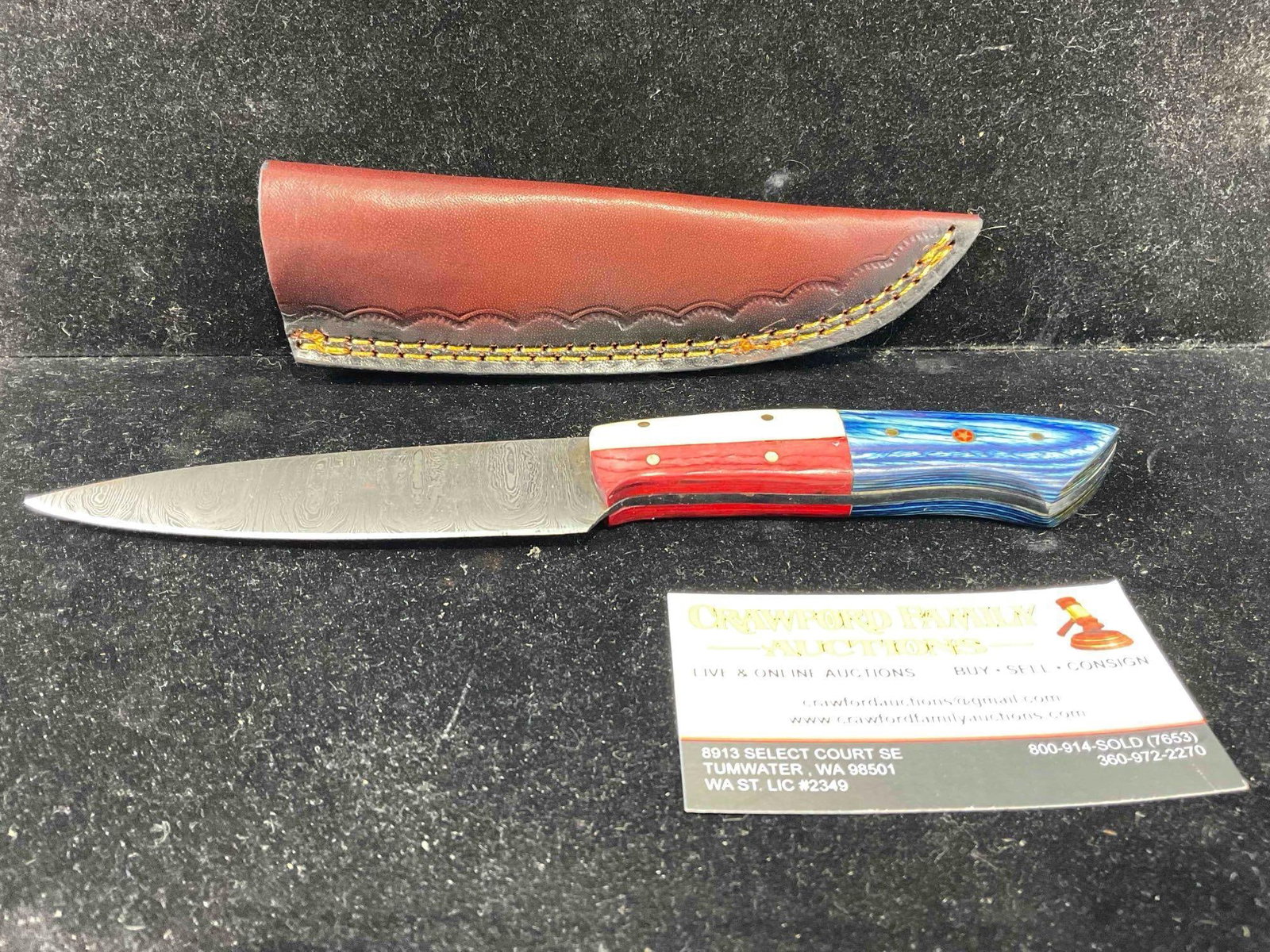 Handmade Damascus Steel 5" Chef's Knife w/ Leather Sheath & Wood/Resin Handle. See pics.: Handmade Damascus Steel 5" Chef's Knife w/ Leather Sheath & Wood/Resin Handle. The Damascus steel knife is made from several layers of 1095 & 15N20 steel folded multiple times creating between