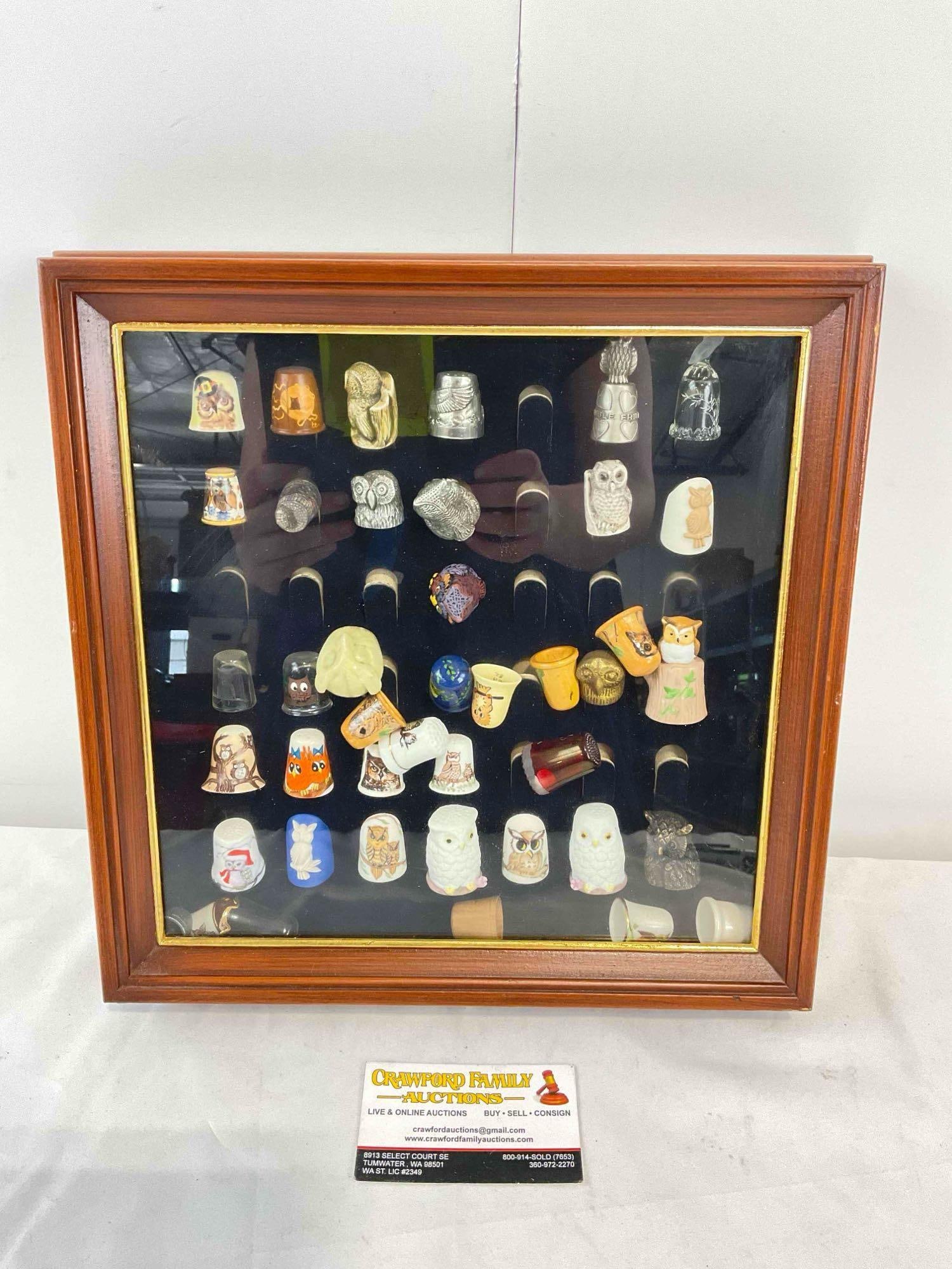 Framed Collection of Vintage Owl Thimbles, Ceramic, Pewter, Glass & More! Very Good Condition.: Framed Collection of Vintage Owl Thimbles, Ceramic, Pewter, Glass & More! Very Good Condition. 42 pcs. Some thimbles are loose from holders, condition is otherwise very good. In wooden frame with