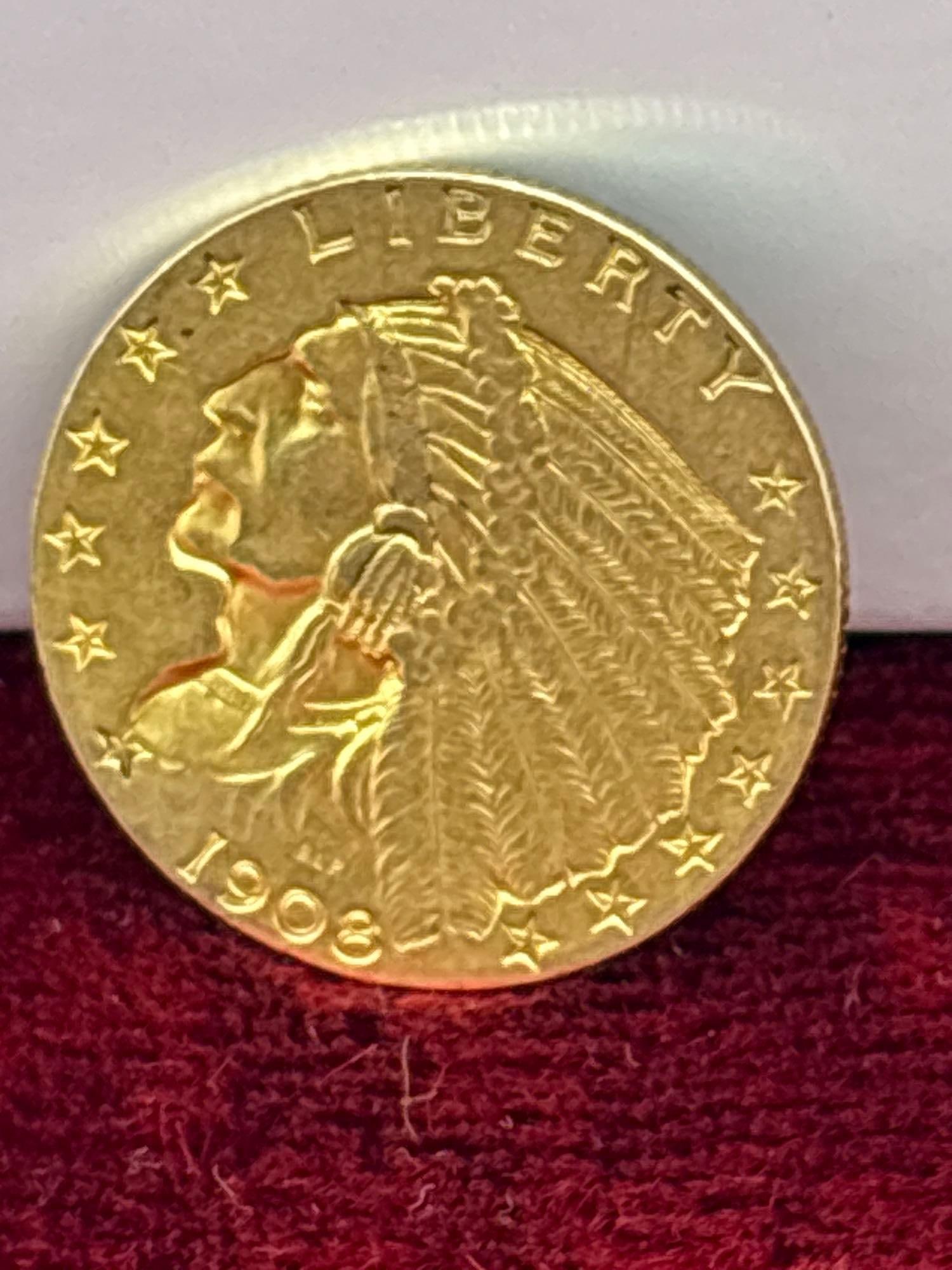 Antique 1908 first year Indian Head $2.5 dollar 1/8 OZ gold coin see pics (1 of 2)