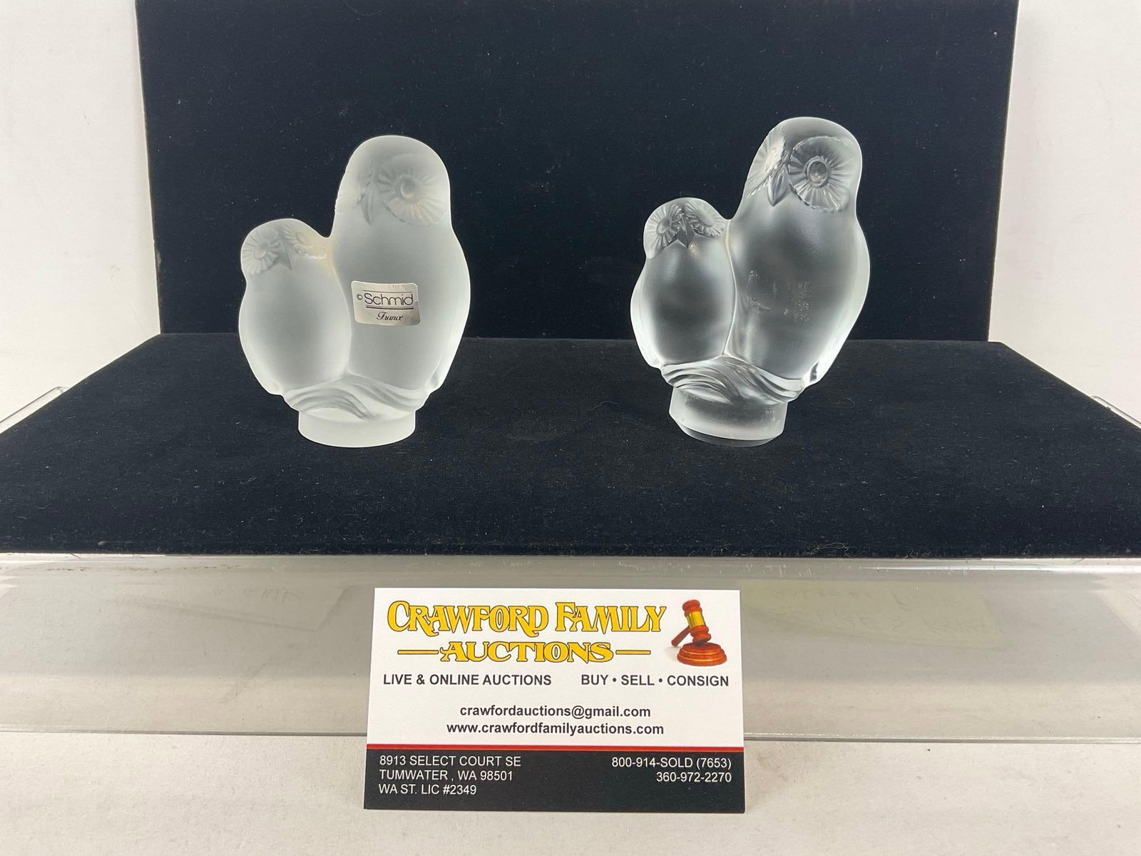 Pair of Owls w/ Owlet Figures, Schmid & Sevres Crystal French Pieces, 3.5 inch pieces: Appears to be in good shape. The pieces together measures approx 4h x 3w x 2d inches. See pics. E-4030