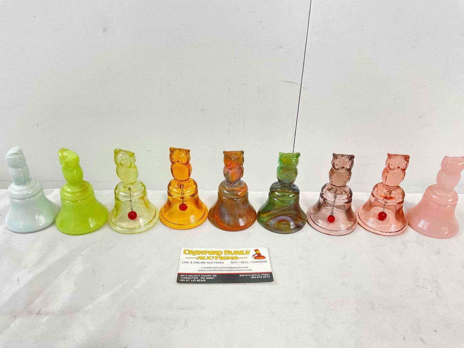 9 pcs Vintage Boyd Glass Owl Bells incl. Milk Glass, Uranium Glass & More! Excellent Condition. (1 of 9)