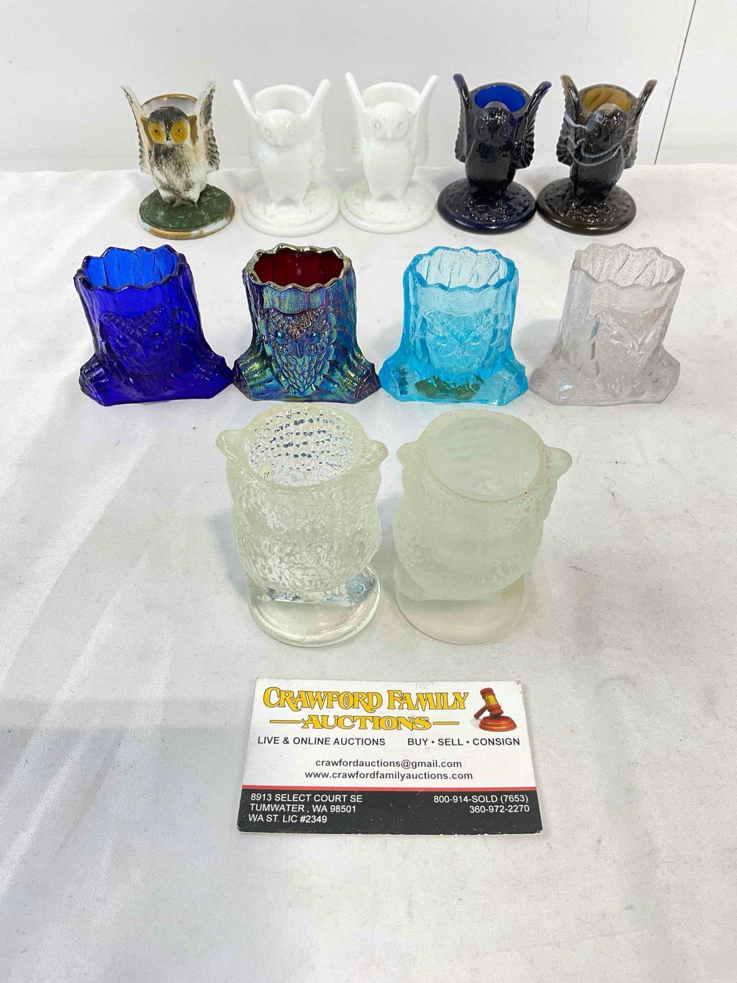 11 pcs Vintage Glass Owl Glass Toothpick Holders incl. Summit, Westmoreland. Excellent Cond.: 11 pcs Vintage Glass Owl Themed Glass Toothpick Holders, Summit, Westmoreland & More! Westmoreland are 2x milk glass, 1x painted souvenir, 1 dark blue and brown slag. Summit are deep blue, light b