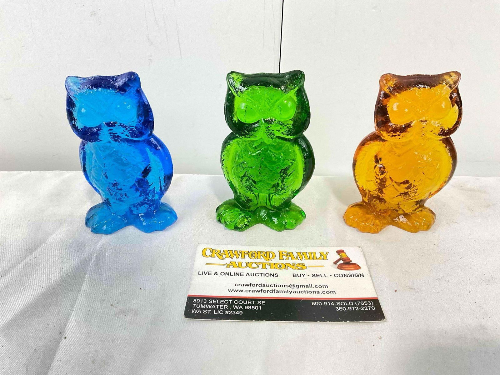 3 pcs Vintage BLENKO Art Glass Owl Figurines, Blue, Green & Amber. Excellent Condition. See pics. (1 of 5)