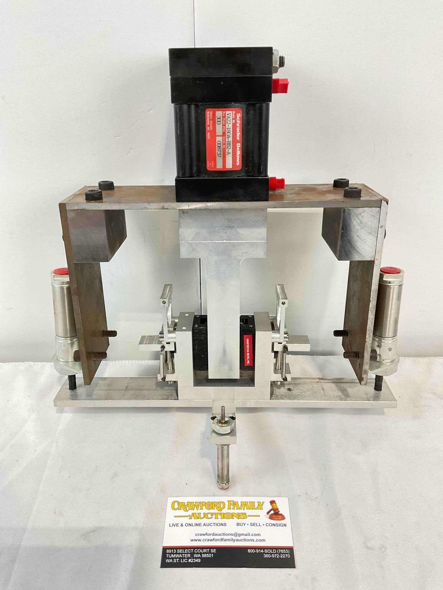Custom Built CNC Machine? w/ Schrader Bellows Rotary Actuator VA22-180A-BB2-A. See pics.: Custom Built CNC Machine? w/ Schrader Bellows Rotary Actuator VA22-180A-BB2-A. Unsure of machine's use, untested, as is. Made with Bimba & Winfred M. Berg parts. Measures 11" x 12" x 7" DM-4360