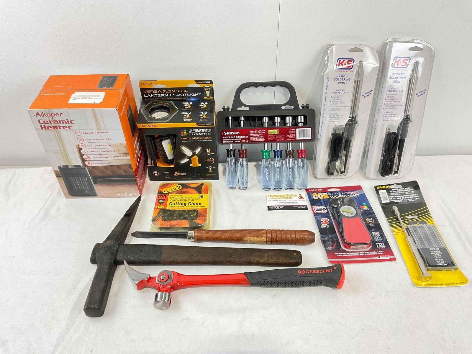 11 pcs Tools & Electronics, incl. NIP K&S 30 Watt Soldering Irons, Oregon Cutting Chain & More!: 11 pcs Tools & Electronics, incl. NIP K&S 30 Watt Soldering Irons, Oregon Cutting Chain & More! NIB Aikopper Ceramic Heater model NT15-20A, NIB Farpoint Lantern & Spotlight, NIP Oregon