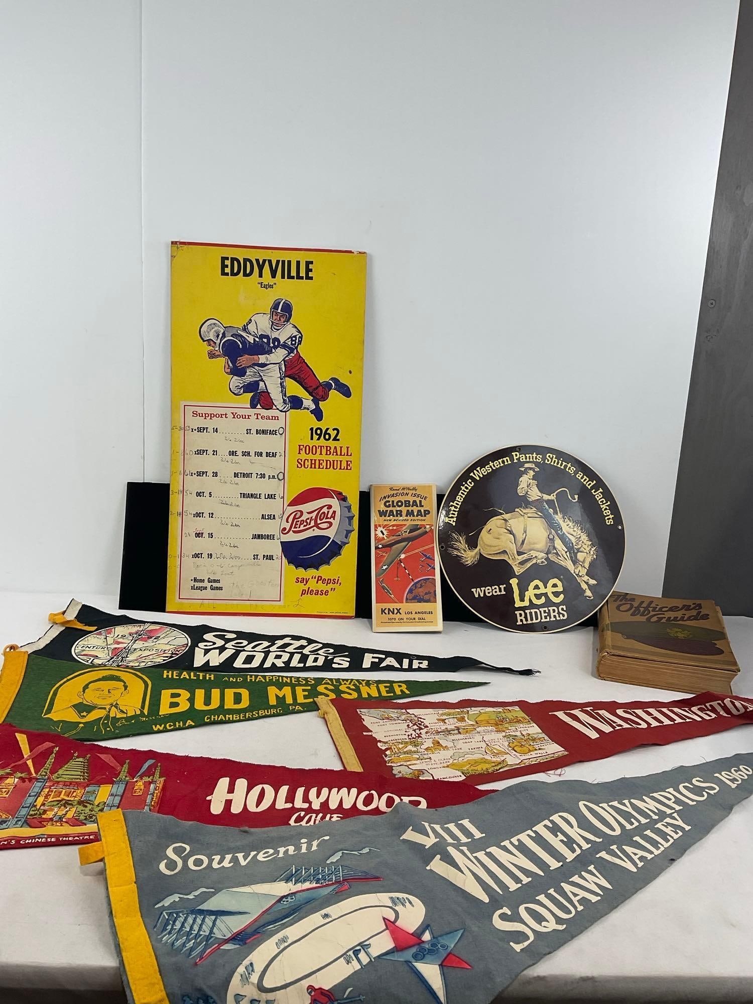 WWII Era Officers Guide, 1962 Football Schedule, 5 Vintage Pennants, Lee Clothing Sign, WW2 War Map (1 of 10)