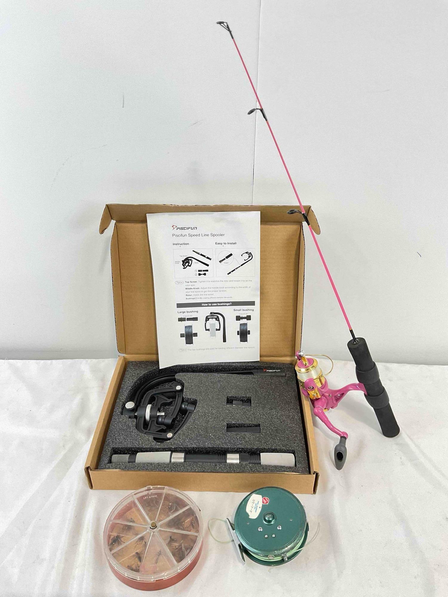 4 pcs Fishing Gear, incl. NIB Piscifun Speed Line Spooler, Flies, Heddon 320 Reel & More! See pics. (1 of 8)