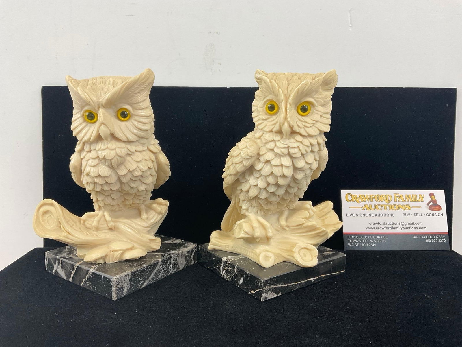 Pair of A. Santini Sculptures, Classic Carved Owl Figures, Soapstone(?) on Marble Base, 6 inch tall (1 of 6)