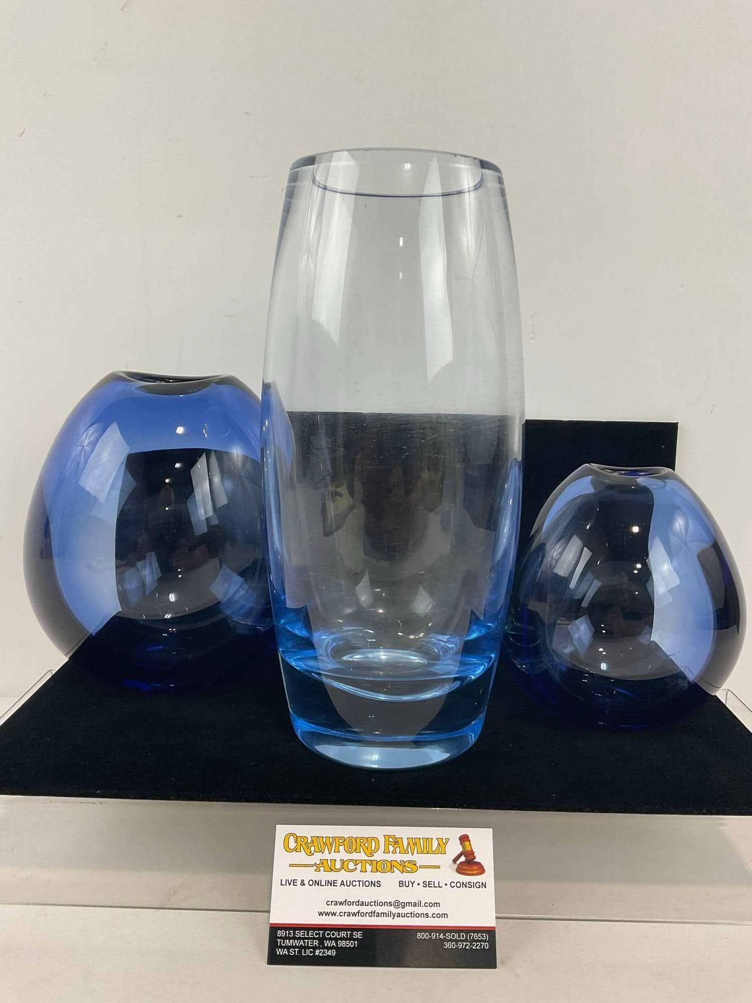 Vintage Modern Danish 1950s Three Signed Holmegaard Vases, Blue Crystal: Appears to be in good shape. The piece measures approx 7.5h x 9w x 11d inches. See pics. E-4030