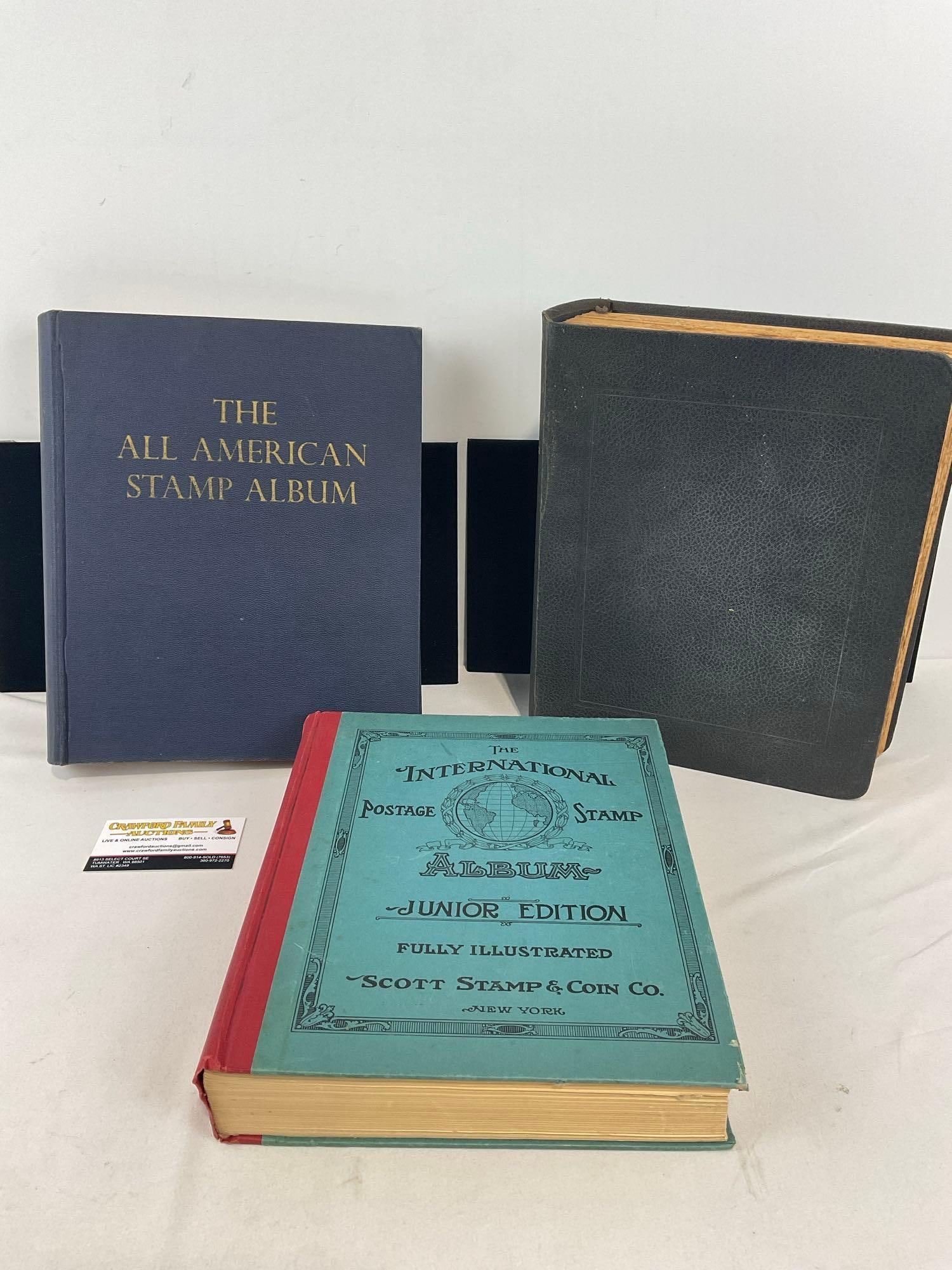 3 Vintage Stamp Albums, w/variety of stamps included, Scott Stamp & Coin, All American Stamp Album: Pictures are just a sample of stamps included, Appears to be in good shape. The pieces together measures approx 7h x 11w x 12d inches. See pics. E-4530