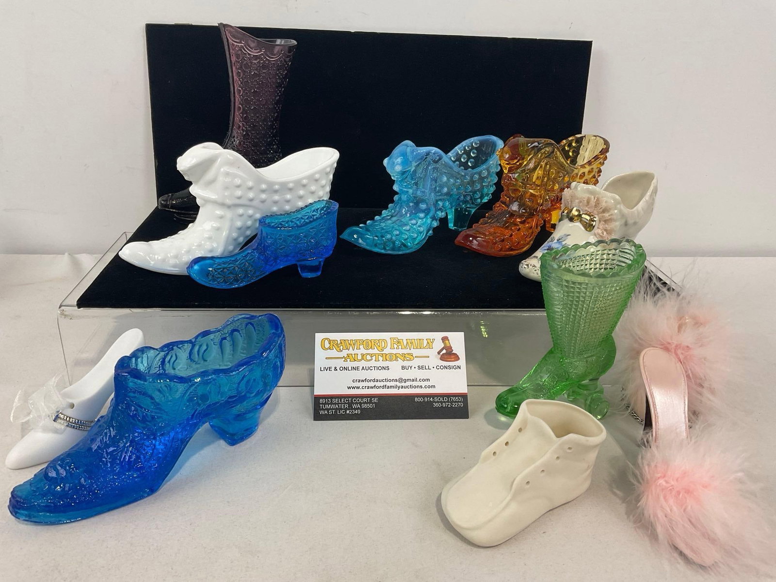 3 Fenton Hobnail Slippers, Degenhart Glass Roller Skate, Porcelain Shoes, & more: Appears to be in good shape. The piece measures approx 5h x 12w x 5d inches. See pics. E-4550
