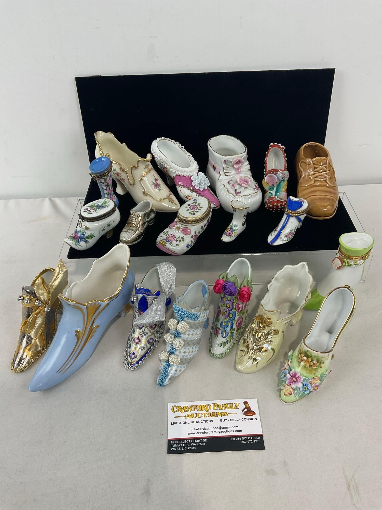 19 Porcelain Shoes, Limoges France, Shoe Shaped Jewelry Boxes, & more: Appears to be in good shape. The piece measures approx 6h x 11w x 15d inches. See pics. E-4550