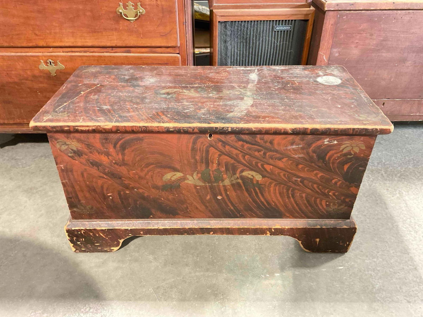 Antique Red & Black Grain Painted Wood Storage Trunk Flat Top Chest. Good Condition. See pics. (1 of 7)