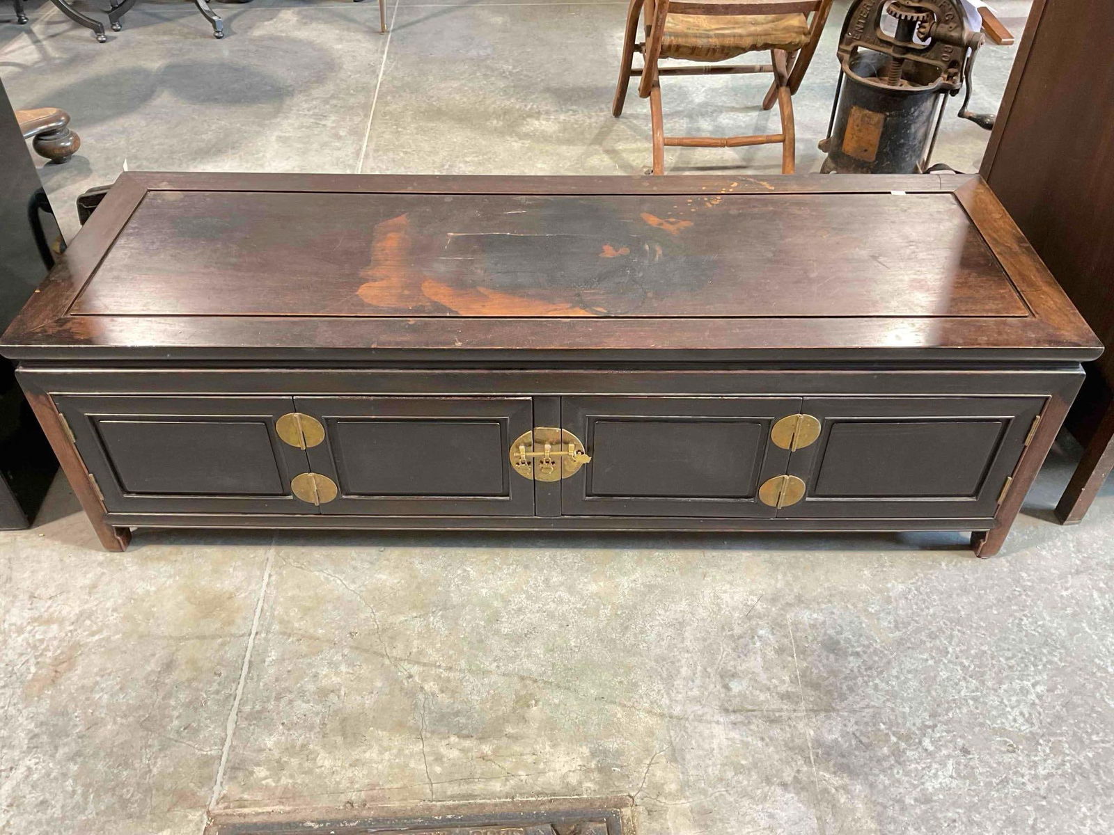 Vintage Asian Style Low Console Table w/ Bi-Folding Doors. Very Good Condition. See pics.: Vintage Asian Style Low Console Table w/ Bi-Folding Doors. Very Good Condition. Handsome dark stain on wood and charming brass hardware. Minor wear indicative of age, condition is otherwise very good.