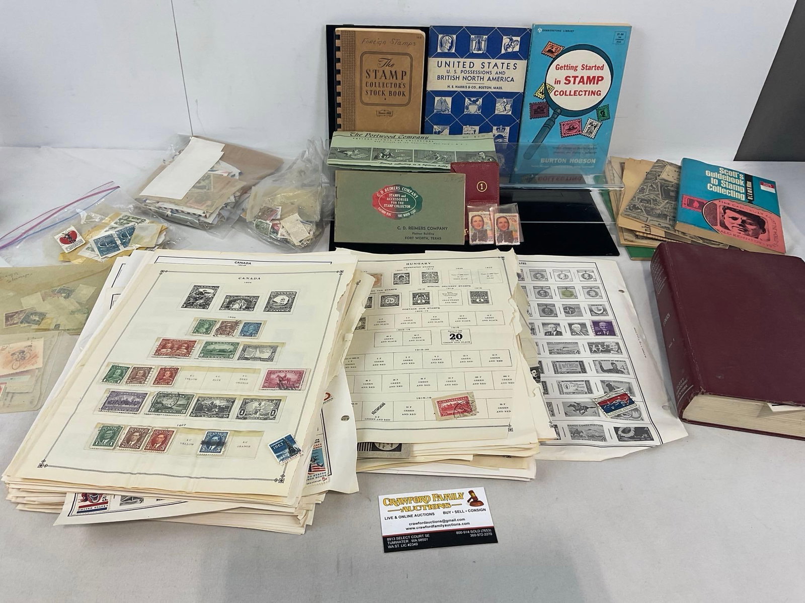 Assorted Stamps, from a variety of Countries, Pages w/Canada, Hungary, Collecting Books, & more: Incl. a set of Third Reich stamps, some unresearched in a bag. Appears to be in good shape. The pieces fit in a box that measures approx 7h x 17w x 12d inches. See pics. E-4030