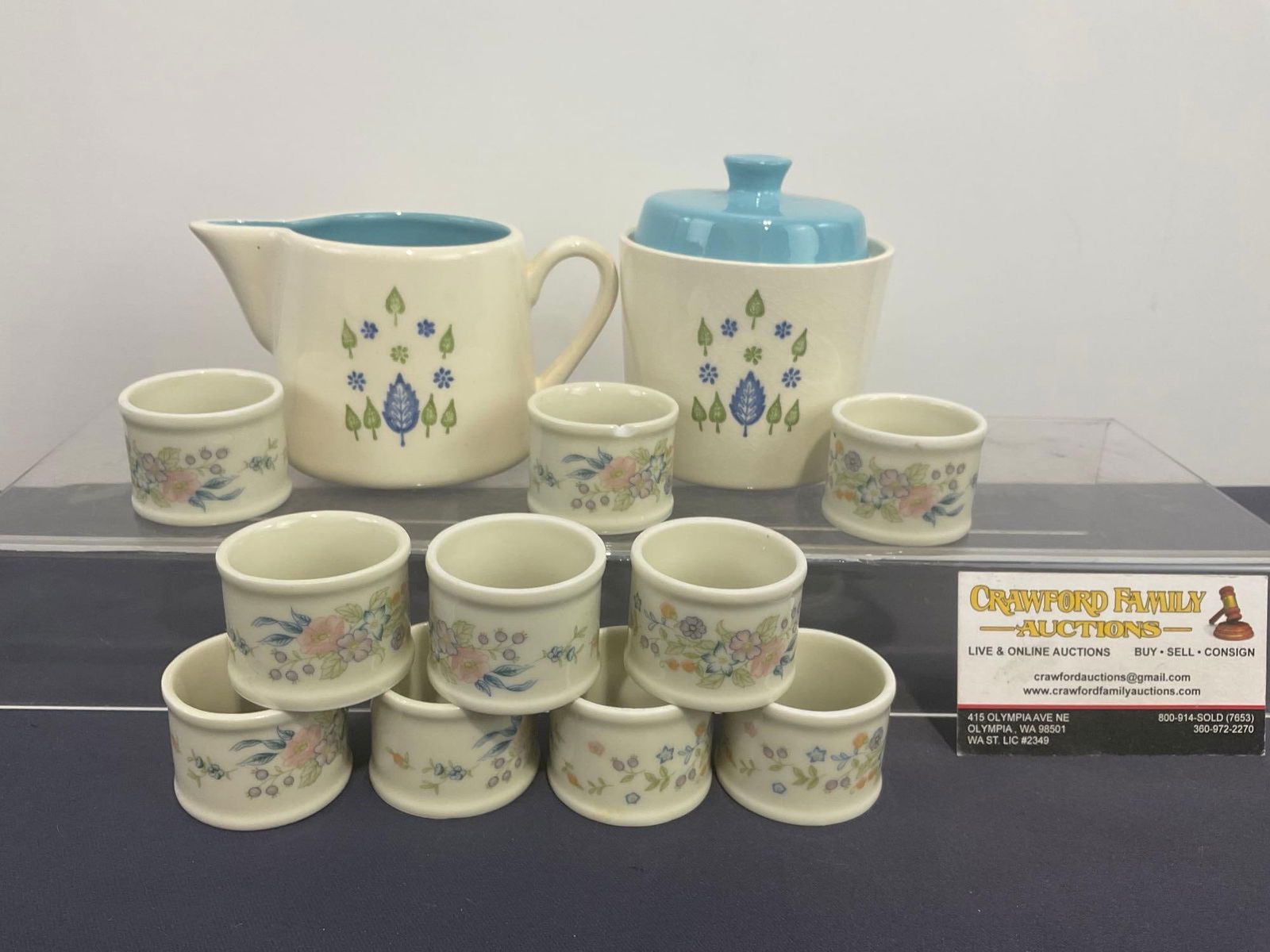 Vintage Marcrest Swiss Alpine Chalet Sugar, Creamer & 10 Napkin Rings: Appears to be in good shape, one napkin ring has a chip on it. The pieces fit in a box that measures approx 4h x 9w x 12d inches. See pics. 414