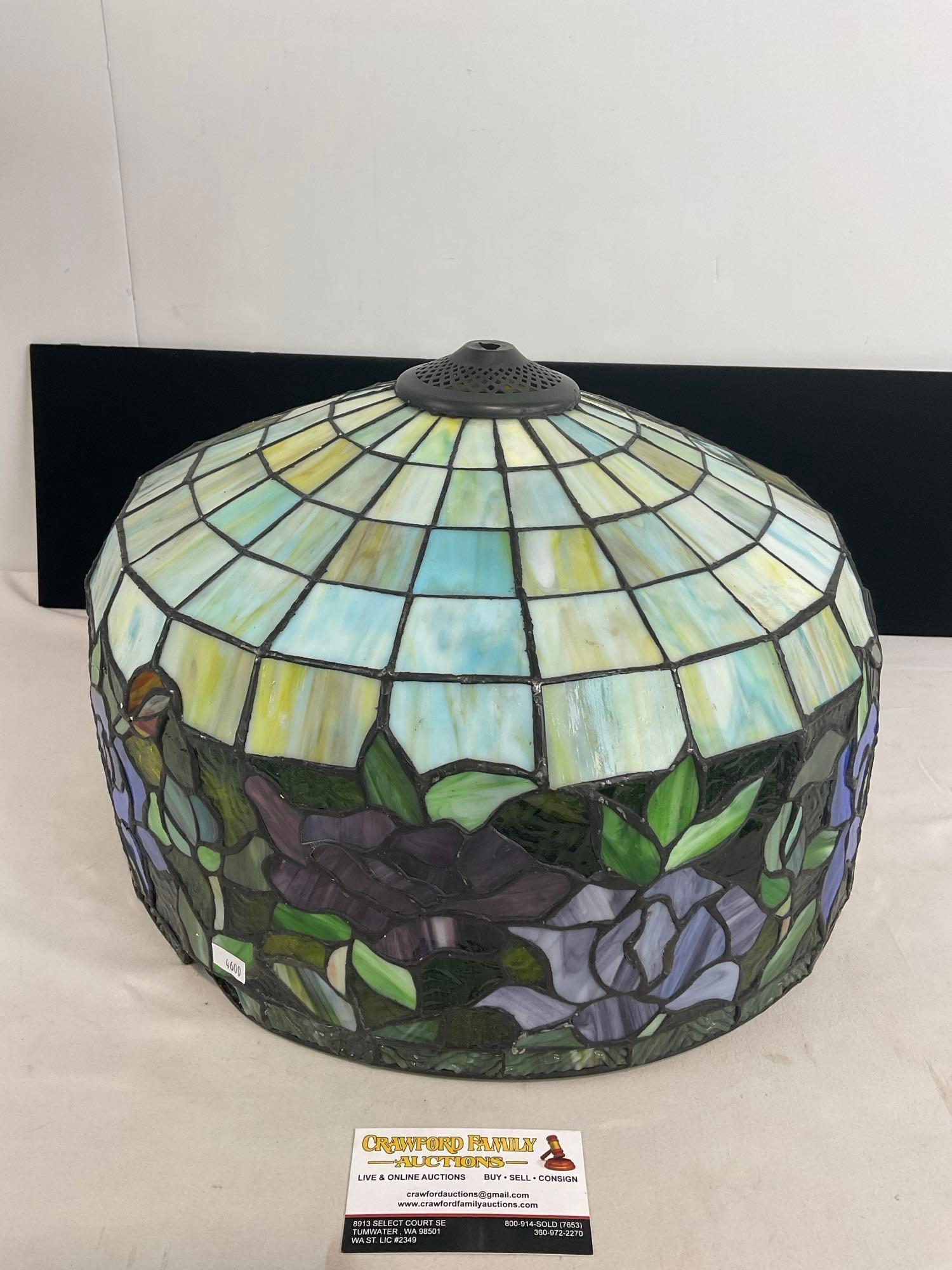 Tiffany Style Chandelier, Lovely Stained Glass Shade w/ some Pieces, no chains, or bulbs included: Appears to be in good shape, unable to be tested as it is hardwired. There is one broken rectangular section, the small piece of broken glass is included, approx an inch long. The piece measures 11h x