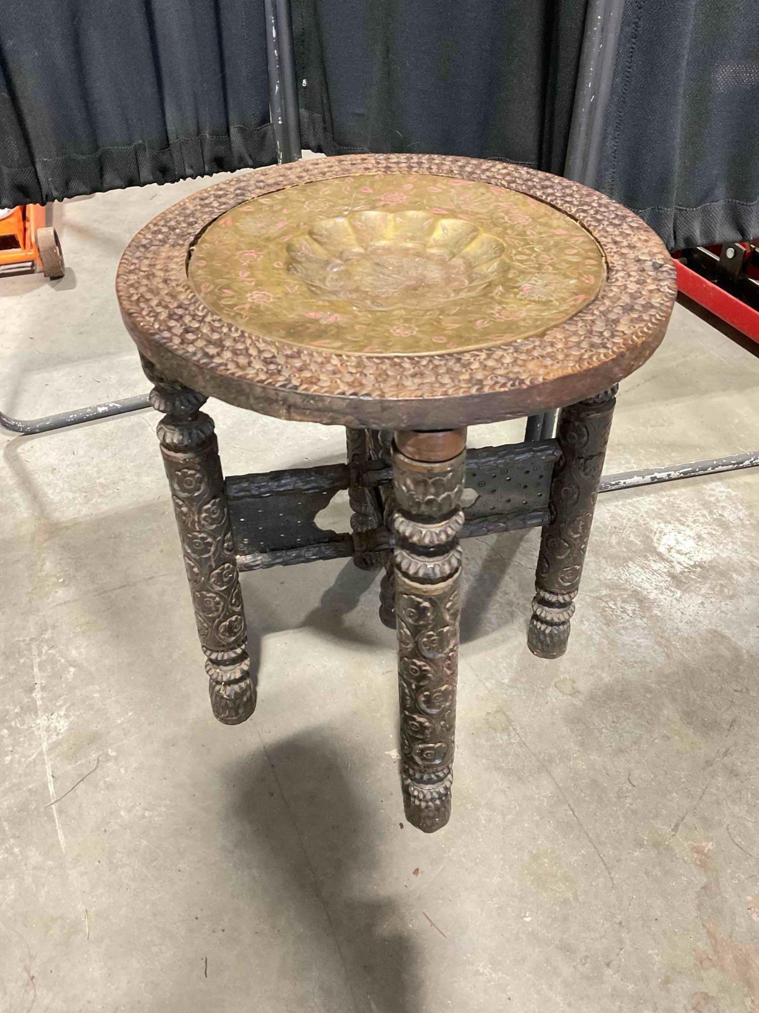 Vintage Middle Eastern Wooden Folding Tea Table w/ Brass Tray. Very Good Condition. See pics. (1 of 5)