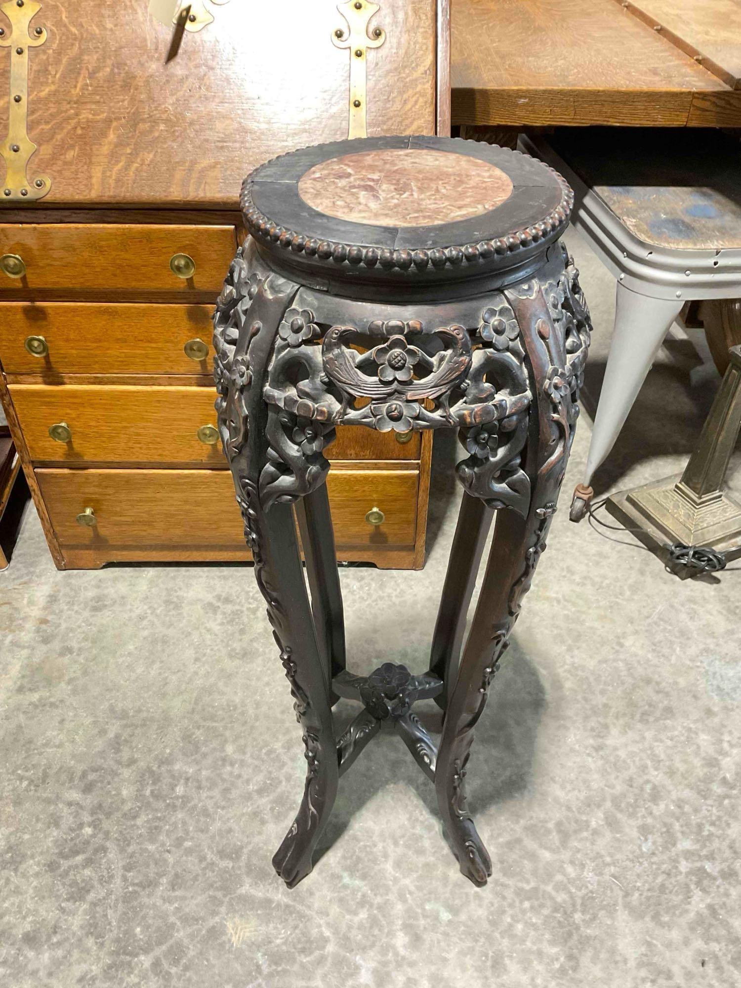 Antique? Carved Wooden Jardiniere Planter Stand w/ Pink Marble Inset. Very Good Condition. (1 of 5)