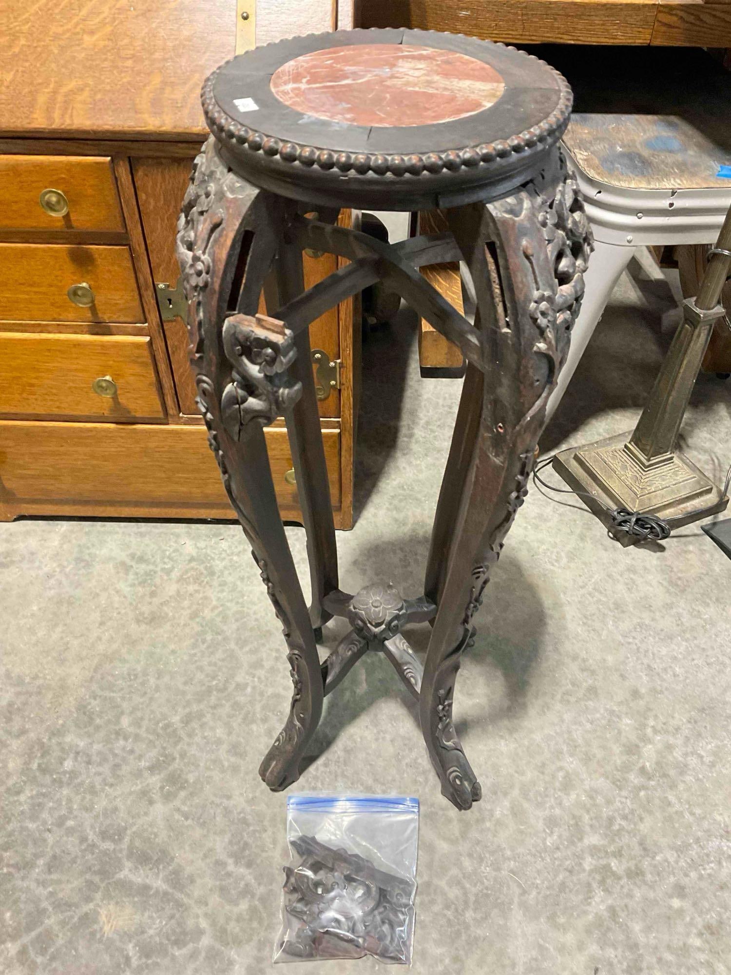 Antique? Carved Wooden Jardiniere Planter Stand w/ Pink Marble Inset. Good Condition. (1 of 6)