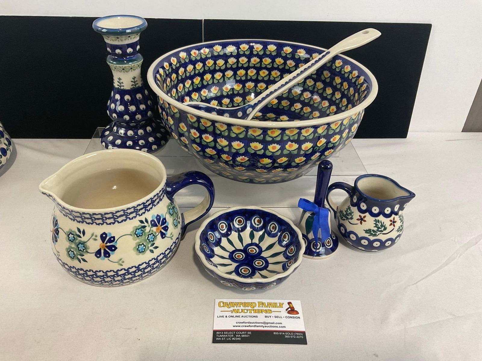 Vintage Polish Handpainted Glazed Porcelain Punch Bowl, Candleholder, Bell, Creamer, Gravy Pitcher (1 of 3)