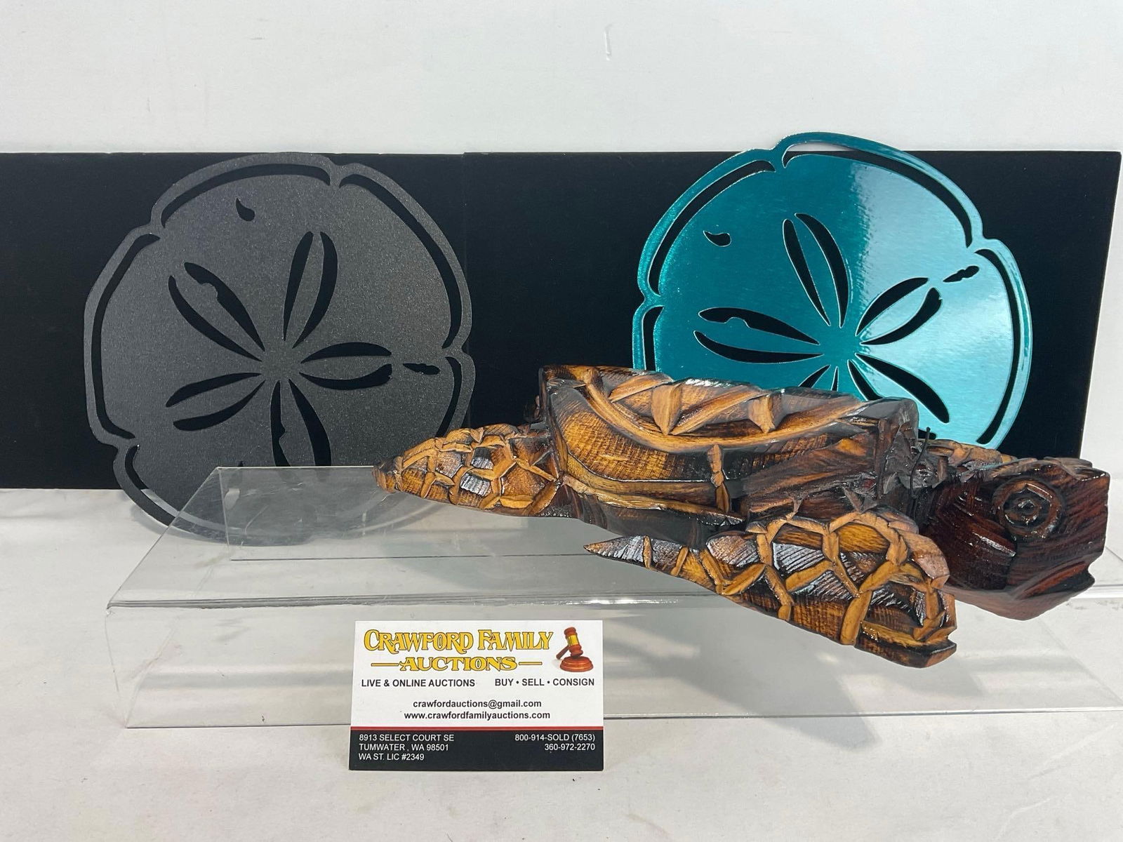 Pair of Sheet Metal Sand Dollar Art pieces & Carved Wooden Turtle Figure (1 of 4)