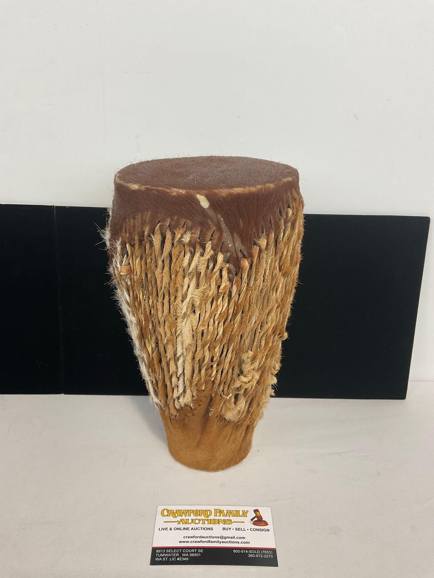 Unique Animal Skin Drum, Pair of Hides strung together, approx 11h x 6w x 6d inches (1 of 4)
