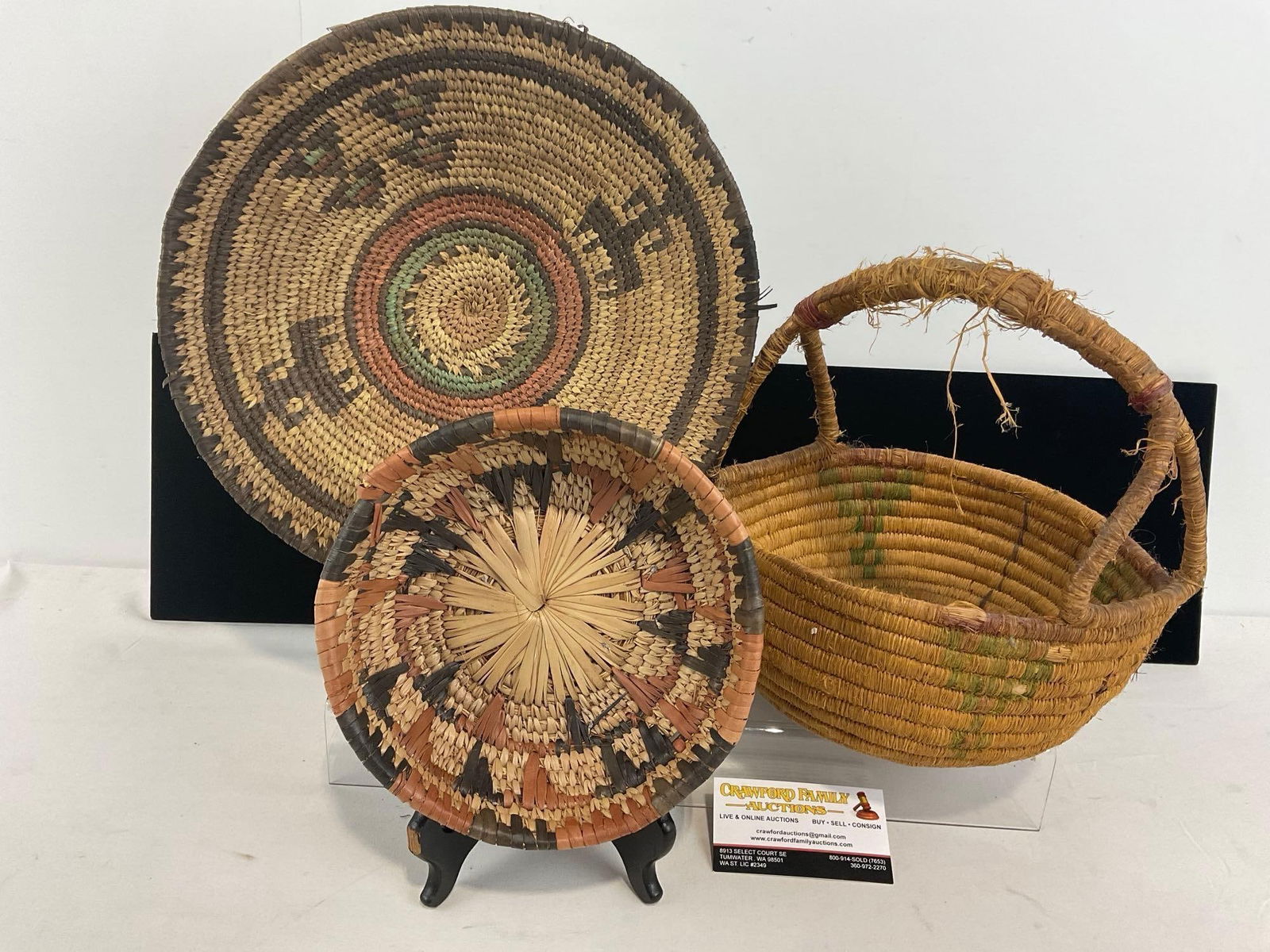 Set of 3 African Handmade Baskets, Coiled Elephant Grass, 40s Woven Grass & another Multi color (1 of 5)